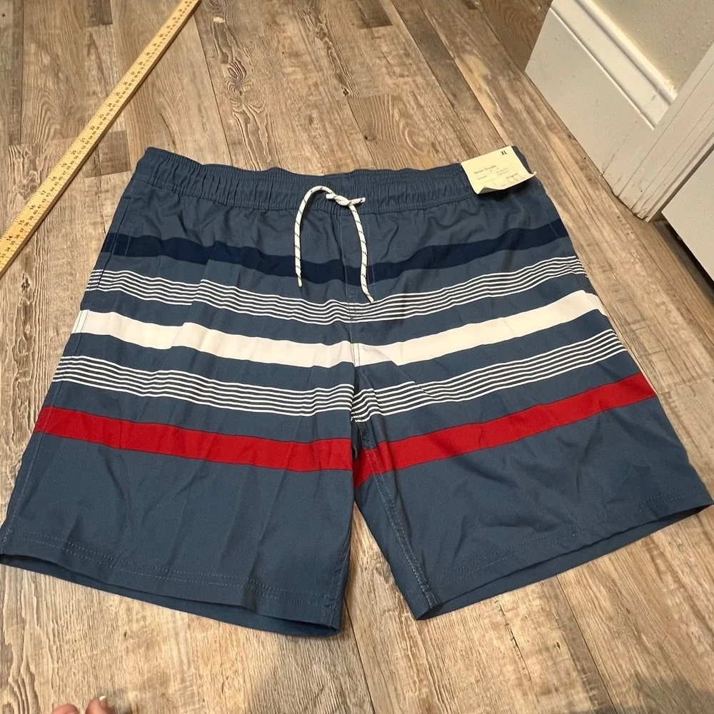Goodfellow Mens Swim Trunks 4-Way Stretch Striped Blue XL NWT